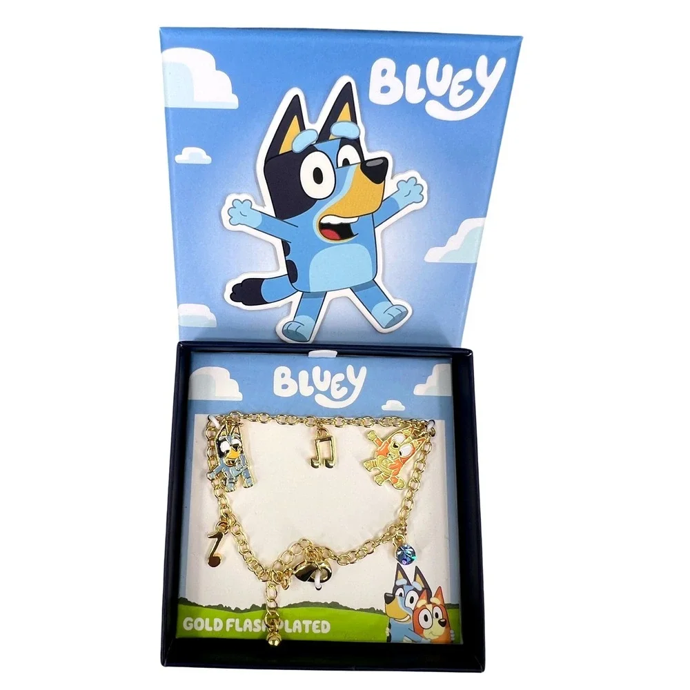 Bluey‎ Charm Bracelet Kids Gold Flash Plated Bluey & Bingo Charms NWT Gift Box